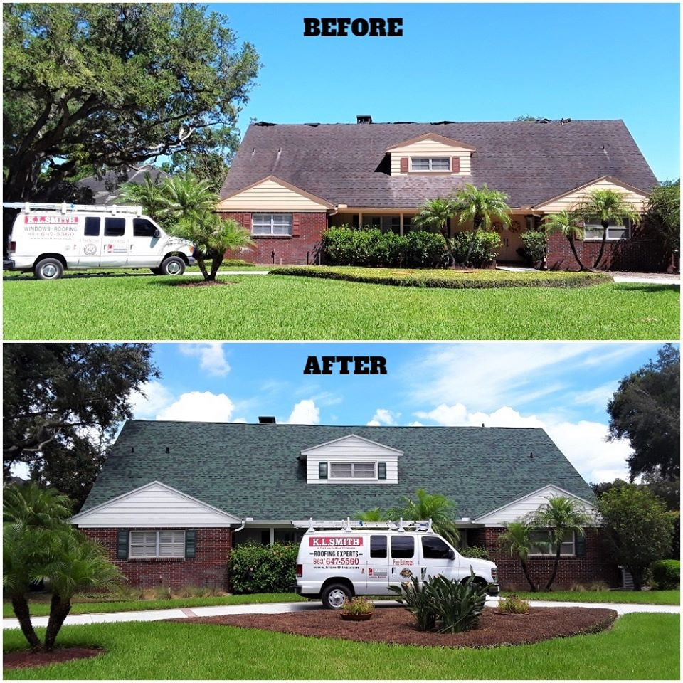 Before and after comparison of a residential roof replacement in Florida, showing expert renovation by K.L. Smith Roofing to address common roofing issues.